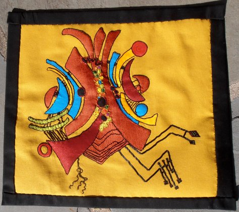 Silk, cotton, linen, metallic thread and floss, cotton thread and floss 16.75”x18.75” 