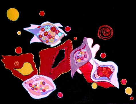 Linen, silk, polyester, cotton, metallic thread and floss, cotton thread and floss  16.5”x20.25” 