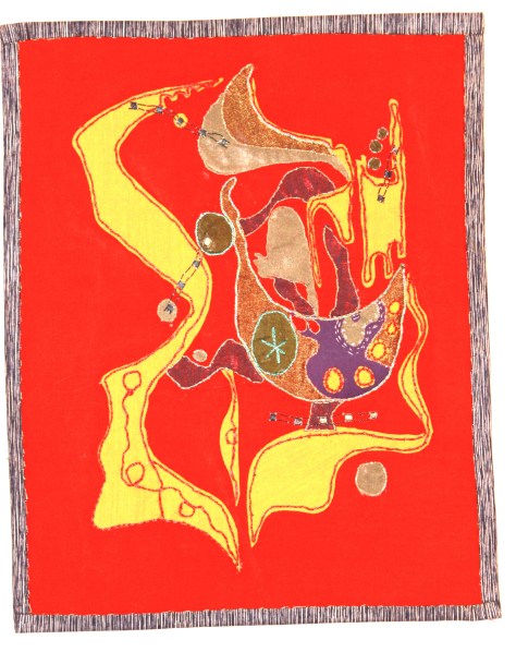 Cotton, cotton-polyester blend, metallic thread and floss, cotton thread and floss 14”x11.25”  