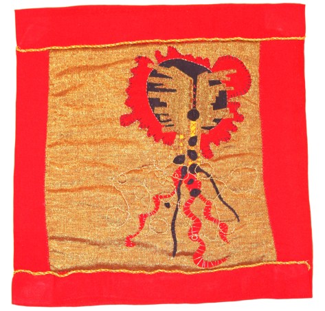 Cotton-polyester blend, cotton, metallic thread and floss, cotton thread and floss, metallic ribbon 10.5”x10.5”  