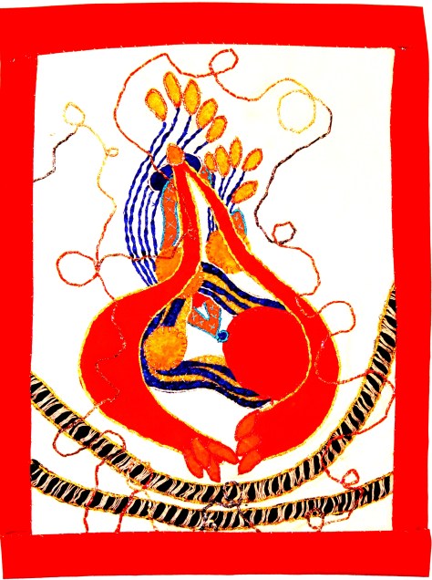 Cotton, silk, cotton thread and floss, metallic thread and floss, cotton-polyester yarn, cotton ribbon 14”x10.5”  